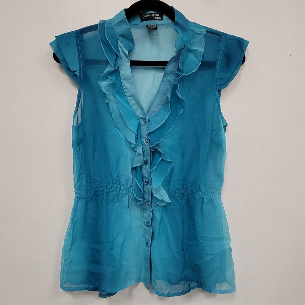 Womens Y2K Ruffle Top Size S Fairy Twee Cap Sleeve Sheer Chiffon Romantic Blue